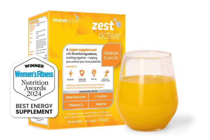 Zest Active Box with a glass of Zest active next to it and  the Womens Fitness Best Energy Supplement Nutrition Awards Logo