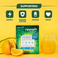 Revive Active premium powder supplement supports energy, the immune system, heart health and reduces fatigue