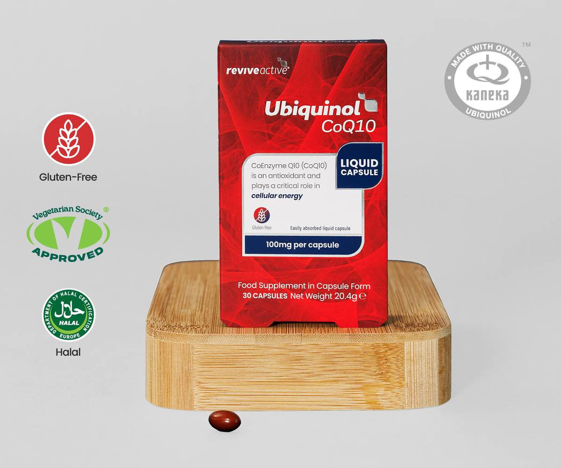 CoQ10 capsules from Revive Active support cellular energy and are vegan, gluten-free and halal certified 